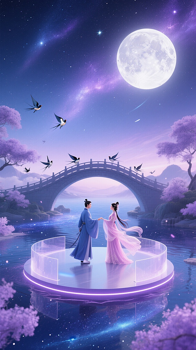 画面展现七夕浪漫场景，满月当空，星河璀璨，鹊桥横跨，牛郎织女在水光平台执手，四周紫樱绽放、飞鸟翩跹，梦幻唯美，尽显七夕相会的动人情意。