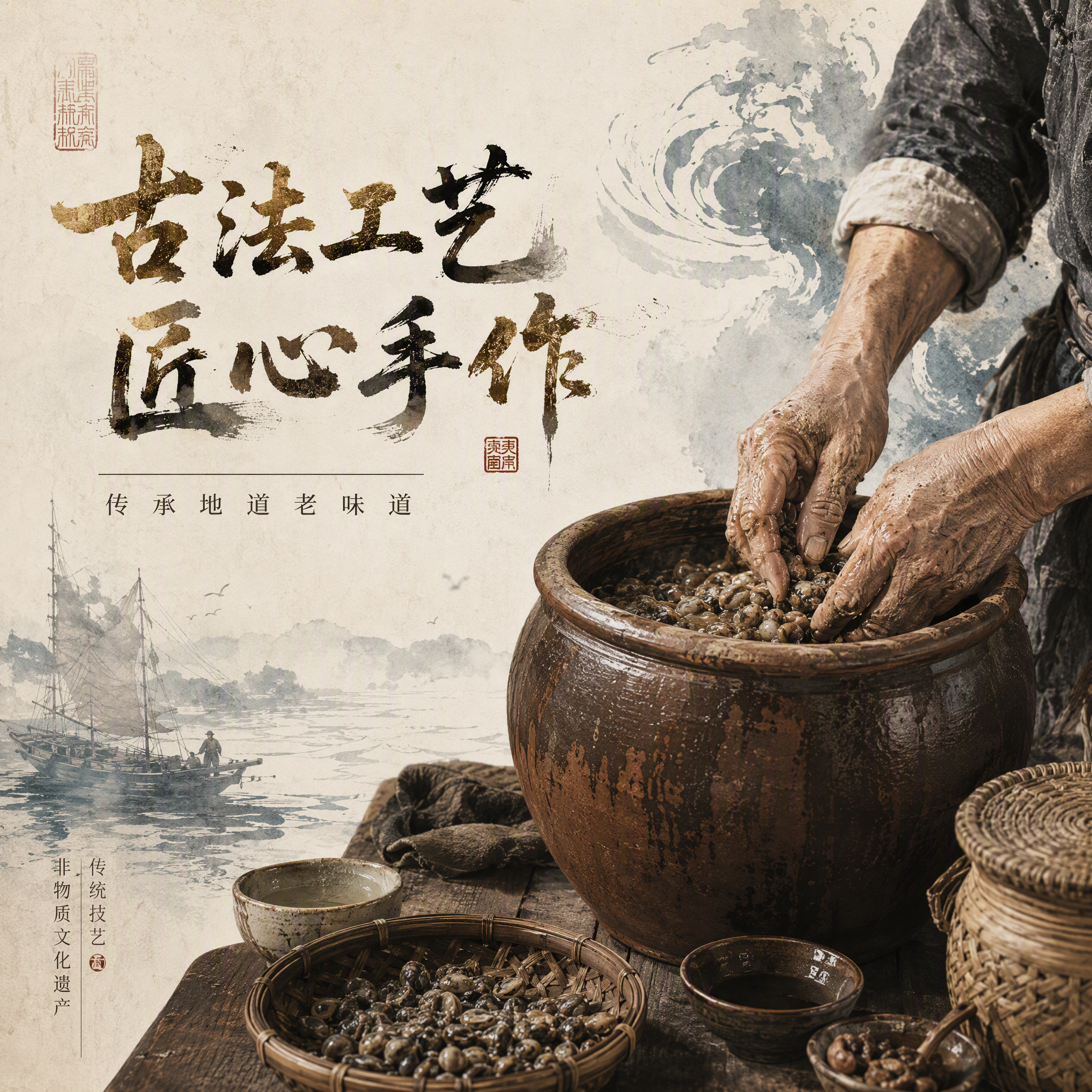 1:1比例，国潮新中式风格，东方水墨风概念视觉画面。一张古旧的… - 图片创意预览