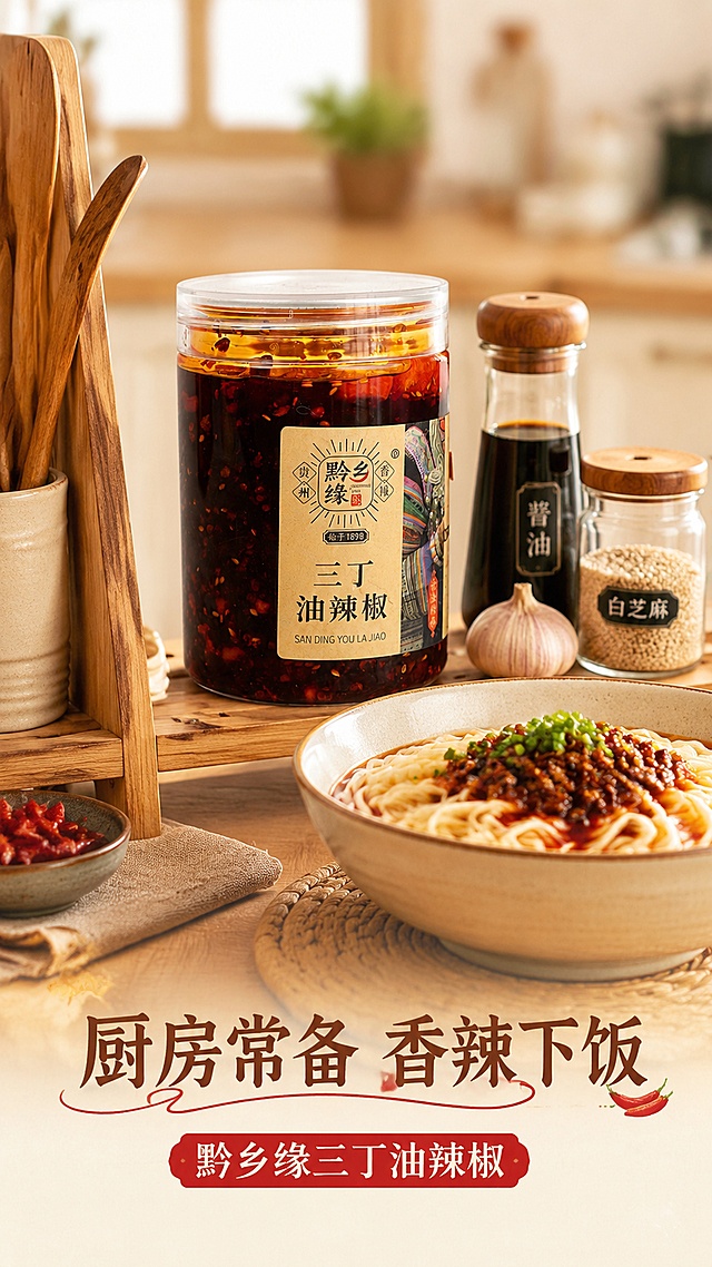 使用商品详情页技能根据商品图「图片1」「图片1」生成详情页，参考图为，商品名称为黔乡缘三丁油辣椒，卖点为三丁料足口感丰富：脆哨丁 + 豆腐丁 + 花生丁三重配料，油香酥脆有嚼劲，拌饭拌面超下饭 古法菜籽油手工熬制：贵州本地辣椒 + 纯菜籽油慢火炒制，地道黔味香辣柔和不呛喉 零添加更安心：无防腐剂、无人工色素，高温灭菌锁鲜，常温易储存，适配平台为淘宝/天猫，图片比例为9:16，需求屏数为8张，
