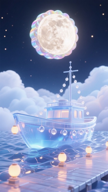 云海之上的夜航船码头，半透明船体停泊在发光云浪中，船舷挂着串状月亮灯笼，灯笼光晕互相渗透，码头地面铺着会反光的鳞片材质，远处月亮化作透明月饼，云层边缘泛着珍珠母贝虹彩预览效果