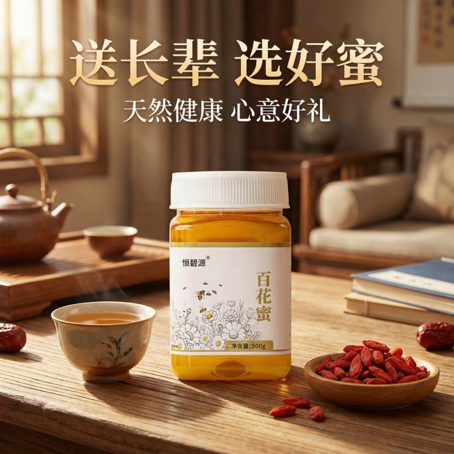 [主图9] 恒碧源百花蜜拼多多主图，保持原包装不变，主题：适合长辈的健康好礼，氛围：暖心营销氛围，画面：蜂蜜瓶放在木质茶桌，搭配陶瓷茶杯和枸杞干，营造长辈养生场景，暖调自然光，文字：顶部标题“送长辈预览效果