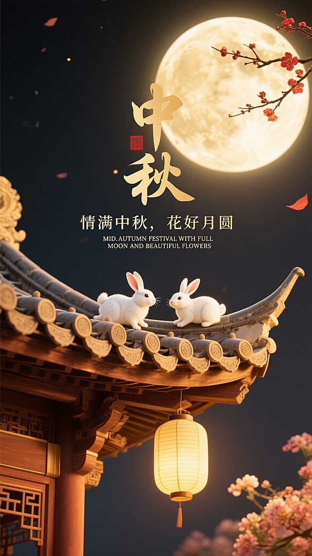 中式古典风融合3D重拟物设计，月满花绽，玉兔登檐，暖灯映夜，水墨鎏金质感交织，营造梦幻温馨的中秋浪漫意境。