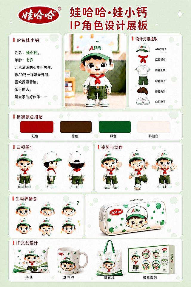 修改娃小钙IP展板：1.将笔袋的木质背景改为白色边框，保持笔袋内容不变；2.给所有白框板块的空白处添加淡淡的绿色气泡装饰，风格和IP文创的绿色气泡保持一致，不影响内容展示，保持其他内容不变