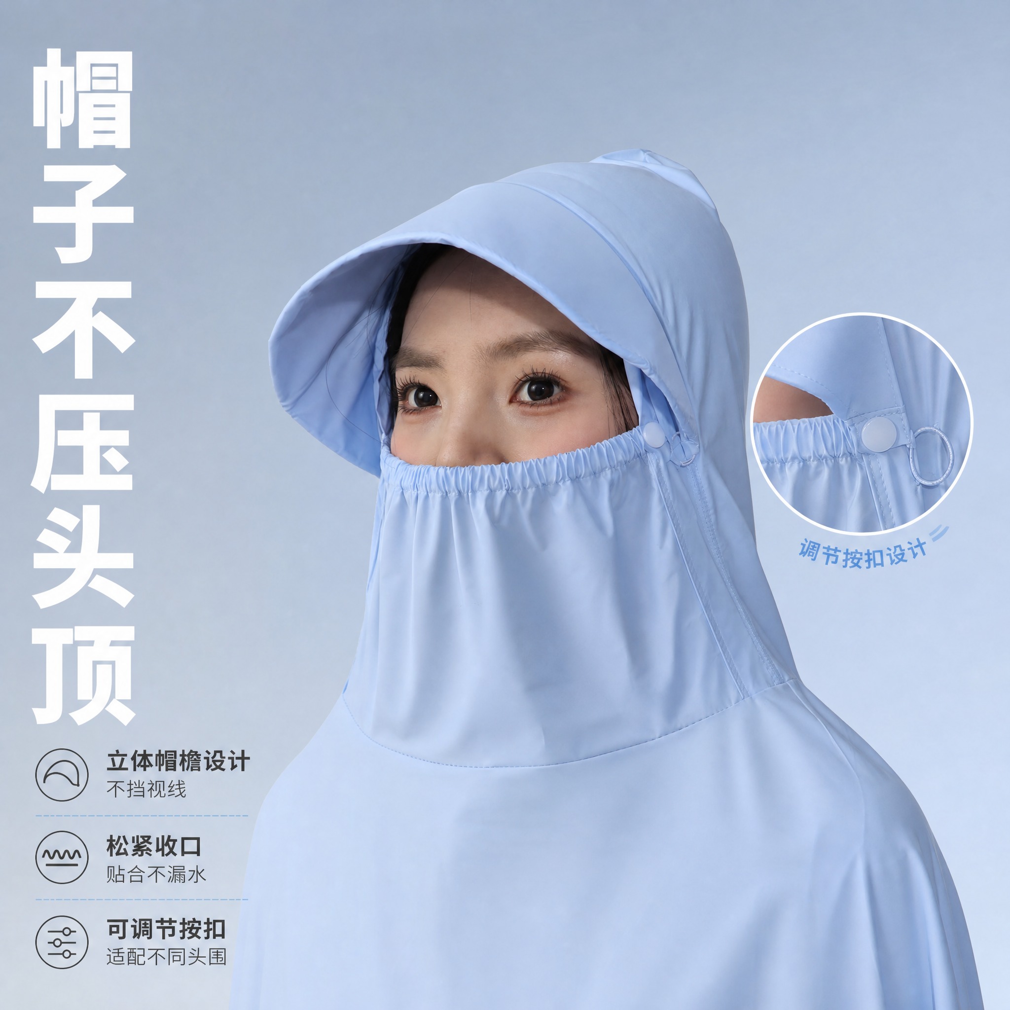 [主图-4] 电动车雨衣（带透明视窗加大遮脚款）帽子结构细节图… - 图片创意预览