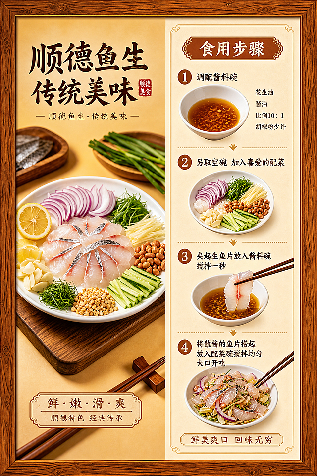 将原有图片内容重新排版到宽60cm高90cm的竖版海报中，保留左侧顺德鱼生菜品图片，右侧区域排版文字食用步骤：
1.调配酱料碗 （花生油 酱油 比例10：1 ，胡椒粉少许）
2：另取空碗 加入喜爱的配菜
3.夹起生鱼片放入酱料碗 搅拌一秒
4 将蘸酱的鱼片捞起放入配菜碗搅拌均匀 大口开吃
整体风格保持传统美食氛围，文字清晰排版美观，搭配原有的木质边框