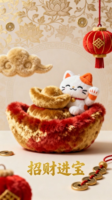 国风治愈风，主体为柔软毛绒元宝（堆叠造型，金红配色，绒毛蓬松有光泽），元宝旁依偎着毛绒招财猫（白橙配色，举爪招手，表情可爱），点缀毛绒祥云（浅金）、毛绒灯笼（红底金纹）和毛绒铜钱（串成串）；背景为淡金预览效果