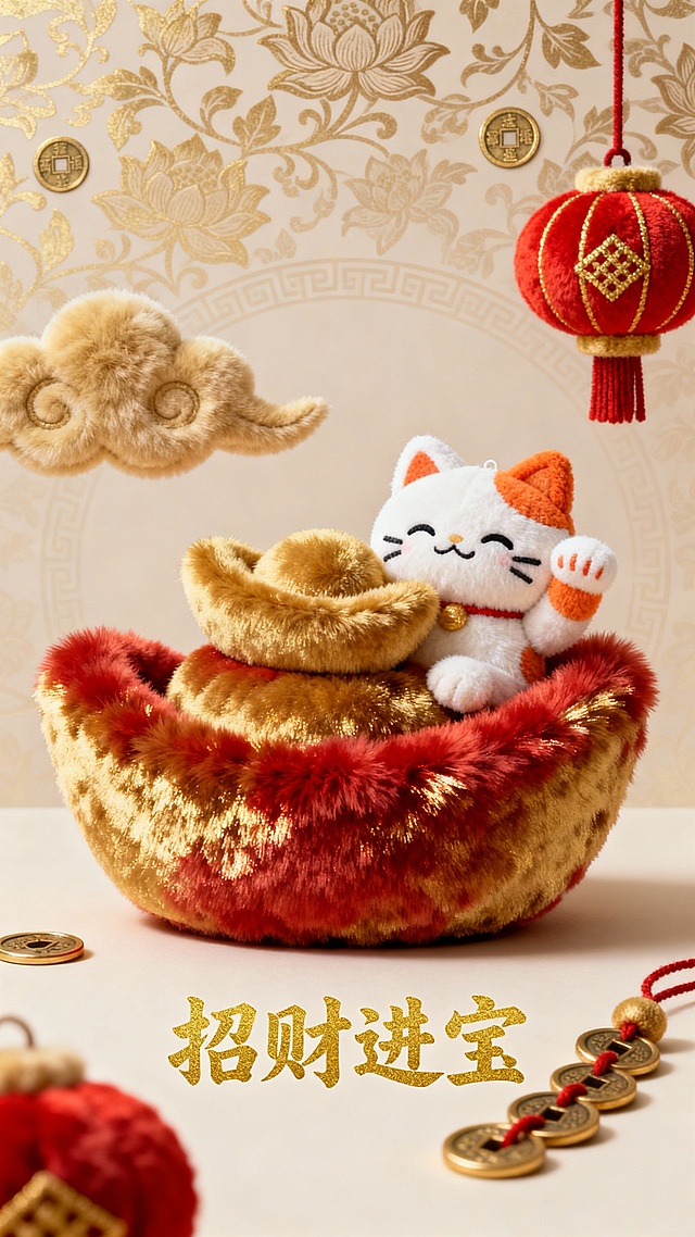 国风治愈风，主体为柔软毛绒元宝（堆叠造型，金红配色，绒毛蓬松有光泽），元宝旁依偎着毛绒招财猫（白橙配色，举爪招手，表情可爱），点缀毛绒祥云（浅金）、毛绒灯笼（红底金纹）和毛绒铜钱（串成串）；背景为淡金色国风暗纹（缠枝莲 + 铜钱纹），低饱和度突出主体；画面中央偏下有国风书法字体 “招财进宝”（金色描红，带轻微毛绒质感）；整体风格喜庆温馨，毛绒纹理逼真，无多余杂物，适合手机壁纸使用。