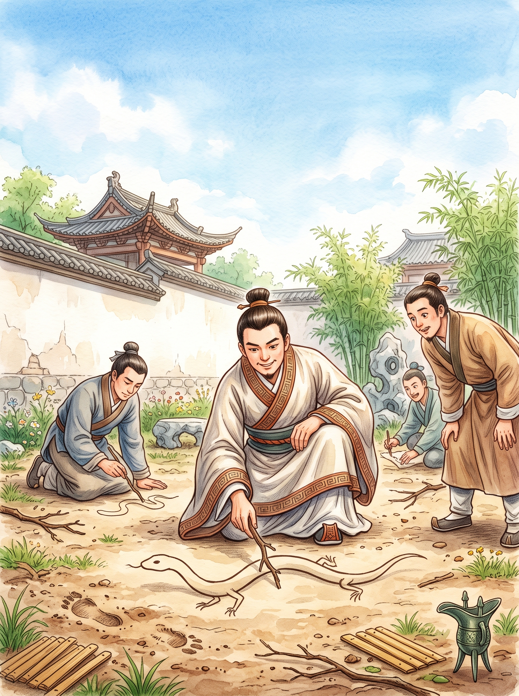 画蛇添足成语故事童书封面插画，春秋楚国庭院场景，手绘水彩与彩铅… - 图片创意预览