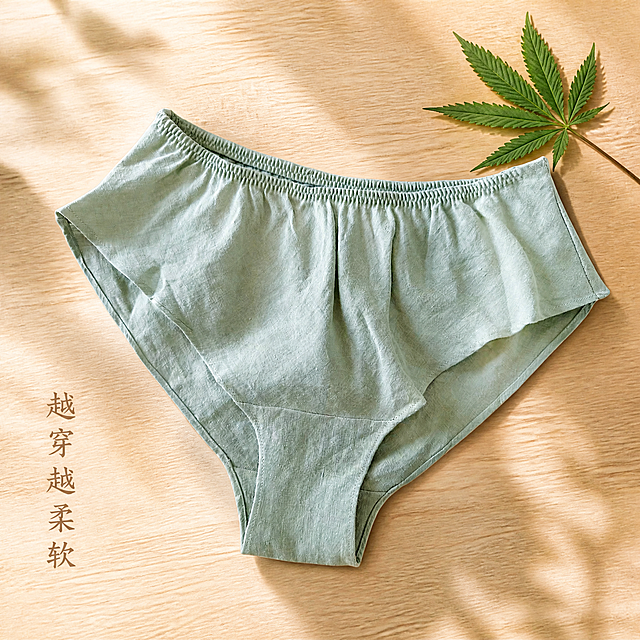 [主图-6] 汉麻内裤穿着体验展示
[氛围风格] 自然松弛，生活氛围感
[画质] 高清商业摄影，质感真实通透
[元素] 内裤平铺在干净的木质桌面，旁边搭配一片天然麻叶，保持产品外观和质感与输入产品图一致，自然摆放，道具点缀不抢主体，画面满屏无边框
[光影] 柔和自然光从窗边引入，光影自然温暖，氛围感强
[配色] 木色桌面搭配绿色麻叶，产品本身颜色自然和谐
[视角构图] 俯视平铺，构图舒展，产品占比约60%，留白充足
[文字版式] 左下角竖排文案：大字"越穿越柔软"，浅棕色，字体自然，不遮挡产品主体
[比例分辨率] 1:1比例，2k分辨率，文字清晰可辨，超高清
[负向提示词] 变形，水印，文字错乱，产品图模糊，背景杂乱