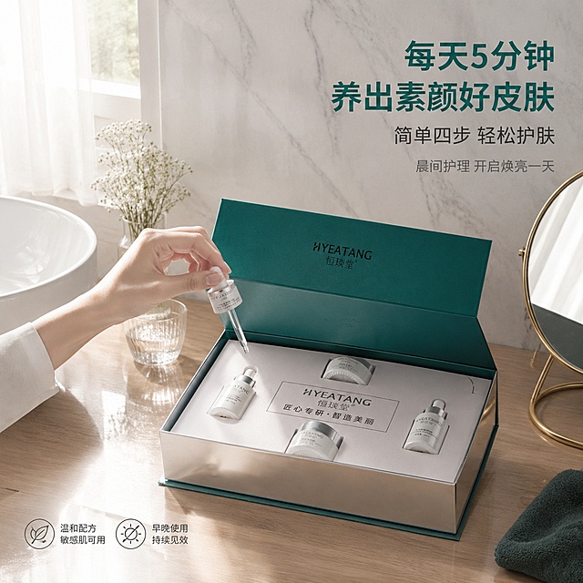 [主图-6] 使用场景 晨间护肤仪式感。
[氛围风格] 轻奢家居晨间护肤场景，温馨高级有生活质感，自然光感，银灰孔雀绿与暖木色搭配，层次丰富。
[画质] 超高清生活方式摄影质感，光线自然柔和，产品真实清晰，场景氛围浓郁。
[元素] 浅原木色洗手台面上，恒琰堂素颜美肌套I礼盒打开放置在右侧，四件产品整齐陈列。左侧有一个白色陶瓷洗手盆边缘，台面上还有透明玻璃杯、一小束白色小花、孔雀绿色的毛巾一角、金色边框的小圆镜子。背景是浅灰色大理石纹墙面，有一扇窗户透进柔和的晨光，窗纱半透明，光线在台面上形成柔和光斑。台面上有淡淡的产品倒影。一位女性的手（仅露出手部和小臂，皮肤白皙）正拿起水光肌精华液滴管，准备使用，手部姿态自然优雅。**保持产品外观（即物理结构、材质质感、颜色、品牌标识）与输入产品图完全一致，杜绝任何变形和色差，精细化处理**。商品主体占比约55%。画面满屏无边框。
[光影] 左侧窗户晨光为主光，暖调柔和，在台面上形成长条光斑；右侧补光提亮产品细节；整体光线温暖通透，有晨间氛围感，光比适中，阴影柔和。
[配色] 主色暖木色+浅灰+孔雀绿；辅色白色、金色、淡粉肤色。
[视角构图] 45度斜侧平视，洗手台场景为主体，产品在视觉中心，手部动作引导视线，前中后景分层，景深中等，场景真实自然。
[文字版式] 右上负空间右对齐留安全边距，三行文案。大字主文案"每天5分钟 养出素颜好皮肤"，孔雀绿大号粗体无衬线；第二行"简单四步 轻松护肤"，深灰色中号；第三行辅助短句"晨间护理 开启焕亮一天"，浅灰色小号。左下角有两个小图标加文字：「温和配方」「敏感肌可用」、「早晚使用」「持续见效」，图标简约线条风，文字小号深灰。
[负向提示词] 画面禁止出现多余的手、多余的手指、畸形手、融合手指、手部扭曲、肢体穿模、人物面部扭曲、关节反折。
[输出要求] 1:1比例，文字清晰锐利可辨，超高清生活方式摄影质感。