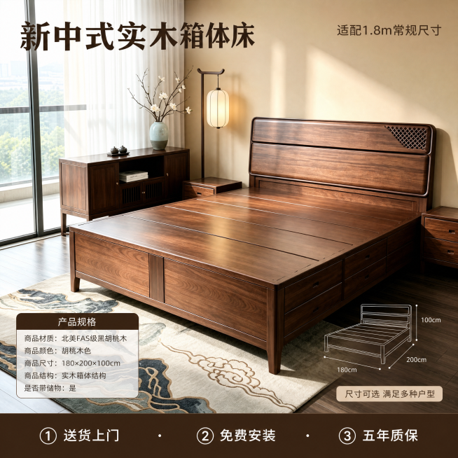[主图-5] 新中式实木箱体床规格服务说明
[氛围风格] 清晰选购信息，整体风格和光影与主图1完全统一
[画质] 商业摄影质感、光线柔和通透、产品清晰真实、画面干净高级
[元素] 主图展示床整体效果，预览效果