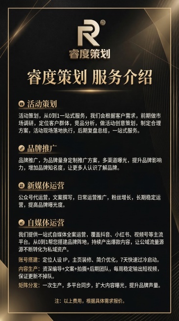以提供的睿度策划金色logo为核心视觉，延伸创作一张微信朋友圈竖版海报，风格统一高级时尚、现代简约，符合广告设计行业审美。构图精致、层次分明、排版专业大气。保留并突出logo原有造型与金色黑金的色彩气预览效果