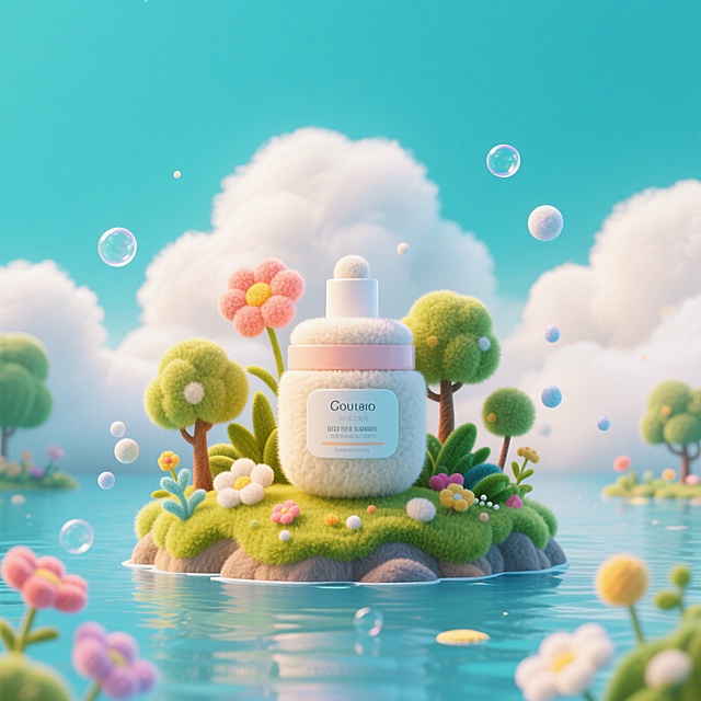 在湖泊中有一个岛，视觉中心放我们巨大的护肤产品，背景有云，有雾，有花、有光影，有树木和植物，有漂浮的气泡和空气颗粒，c4d风格