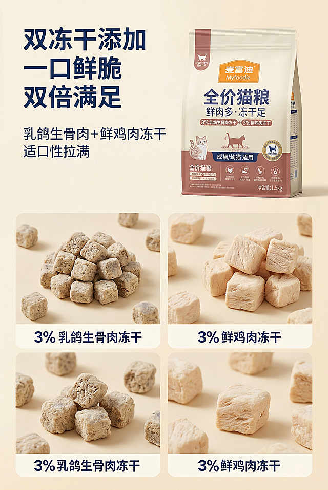 2:3 竖版，食材展示型详情页，延续统一视觉风格。主视觉展示严格还原的麦富迪猫粮包装（严格还原包装设计、颜色、LOGO 位置、文字内容、图案元素等所有细节，去掉无关的背景杂物或者手，尺寸比例保持 1:1），搭配乳鸽生骨肉冻干、鲜鸡肉冻干的特写实拍图，突出「3% 乳鸽生骨肉冻干 + 3% 鲜鸡肉冻干」，背景用暖调浅米白，营造新鲜、美味的氛围，画面高清 8K，质感真实，光影自然。主标题「双冻干添加 一口鲜脆 双倍满足」左对齐，副标题「乳鸽生骨肉 + 鲜鸡肉冻干 适口性拉满」左对齐放在主标题下方，产品图在上方，两种冻干特写分两列展示在下方，数据标注清晰，整体排版整齐，视觉层次分明，食材质感突出。禁止产品包装变形、禁止文字错误、禁止食材不新鲜、禁止背景杂乱、禁止色彩突兀、禁止画面模糊、禁止风格割裂、禁止低分辨率、禁止多余元素、禁止文字居中。