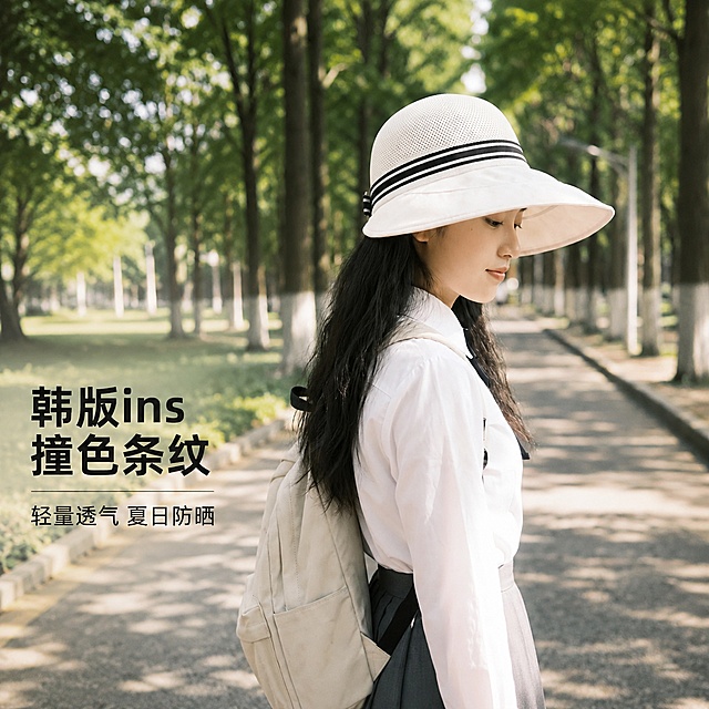 使用电商主图技能生成3张比例1:1的电商主图，适配平台为1688，商品为「图片1」「图片1」「图片1」，商品卖点为名称：大檐镂空防晒帽    卖点：镂空编织帽顶，大帽檐 + 加长帽沿 + 两侧加宽遮颧骨，韩版 ins 极简撞色条纹，不改变原图，只添加名称卖点信息
