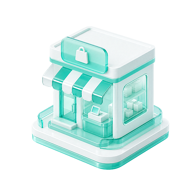 参考提供的3D等距城市风格，做一个商户icon，保持青白色透明磨砂玻璃质感，3D立体简约设计，干净背景，商业图标风格