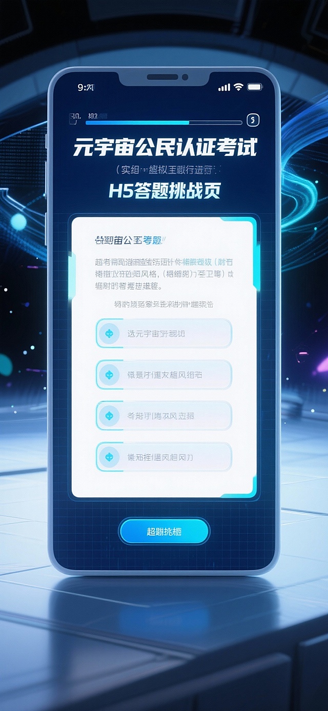 缘由：元宇宙概念抽象且涉及多领域知识，传统科普形式多为文字堆砌，枯燥难懂，普通大众理解门槛高。“元宇宙公民认证考试”H5旨在以答题竞赛形式破解此痛点。意义：可降低元宇宙知识普及门槛，提升大众认知效率，具重要社会价值；其趣味答题结合即时解析的设计，创新了前沿概念科普载体，为同类H5创作提供学术参考。作品共8个页面，按“开篇引导—考试规则说明—多轮答题挑战（涵盖元宇宙定义、技术支撑、应用场景等）—错题解析—得分统计—知识拓展—成果生成分享—结尾致谢”逻辑排布。美术采用未来科技感风格，贴合元宇宙主题。功能模块含页面跳转、答题判断、解析弹窗、得分统计及成果分享，适配IVX平台特性，保障互动体验流畅。                      生成8张元宇宙ui界面。