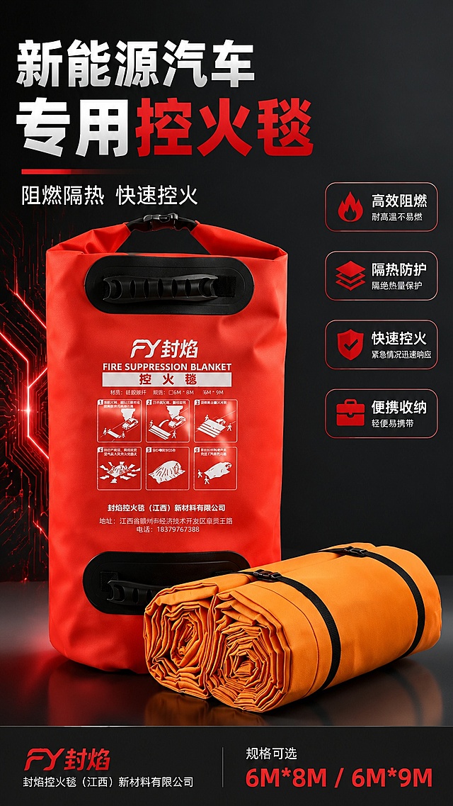 [第1屏] 详情页头图-新能源汽车控火毯产品宣传，本屏使用【图1】作为商品主体。
[氛围/风格] 专业安全科技风，深灰底色搭配红色点缀，高清商业摄影质感，突出产品安全可靠属性。
[元素布局] 产品主体（收纳包和卷状控火毯）居中放置，占比约70%；顶部预留主标题区，底部放置品牌信息条；产品轮廓、颜色、结构与输入产品图完全一致。左侧添加科技感光效装饰线条，右侧放置核心卖点标签。
[光影质感] 顶侧柔光主照明，底部自然投影，产品表面纹理清晰，明暗层次过渡自然。
[配色色系] 全局底色 #2A2D34；主色产品红色+橙色；辅助色浅灰文字，红色高亮卖点。
[视角构图] 正面45°斜视角，产品为绝对视觉中心，阅读动线从上到下自然流畅。
[文字版式] 版式为顶部主标题 + 中部产品 + 底部信息。主标题「新能源汽车专用控火毯」，副标题「阻燃隔热 快速控火」，均左对齐加粗；右下角标注规格可选「6M*8M / 6M*9M」；文字不遮挡产品主体，字号适配移动端清晰可读。
[比例分辨率] 9:16竖版比例，4K分辨率，高清画质，文字清晰。
[负向提示词] 产品变形，结构错乱，颜色偏差，包装文字模糊，水印，文字过小，背景杂乱