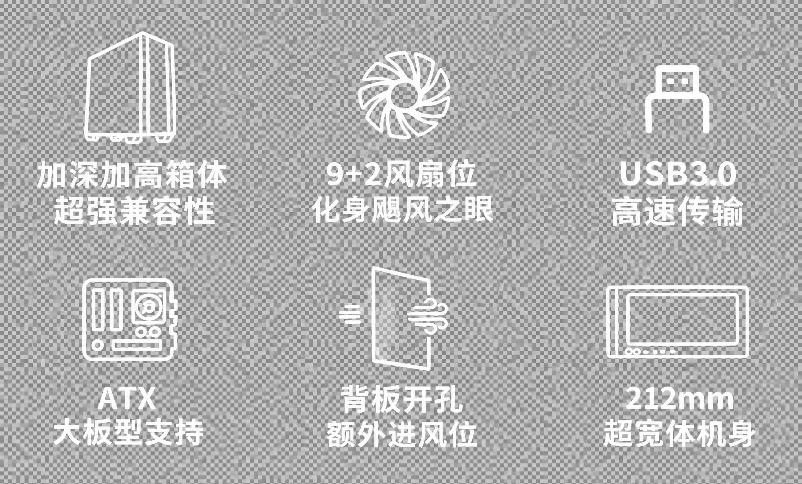 提取图中所有6个白色线性图标（加深加高箱体、9+2风扇位风扇、… - 图片创意预览