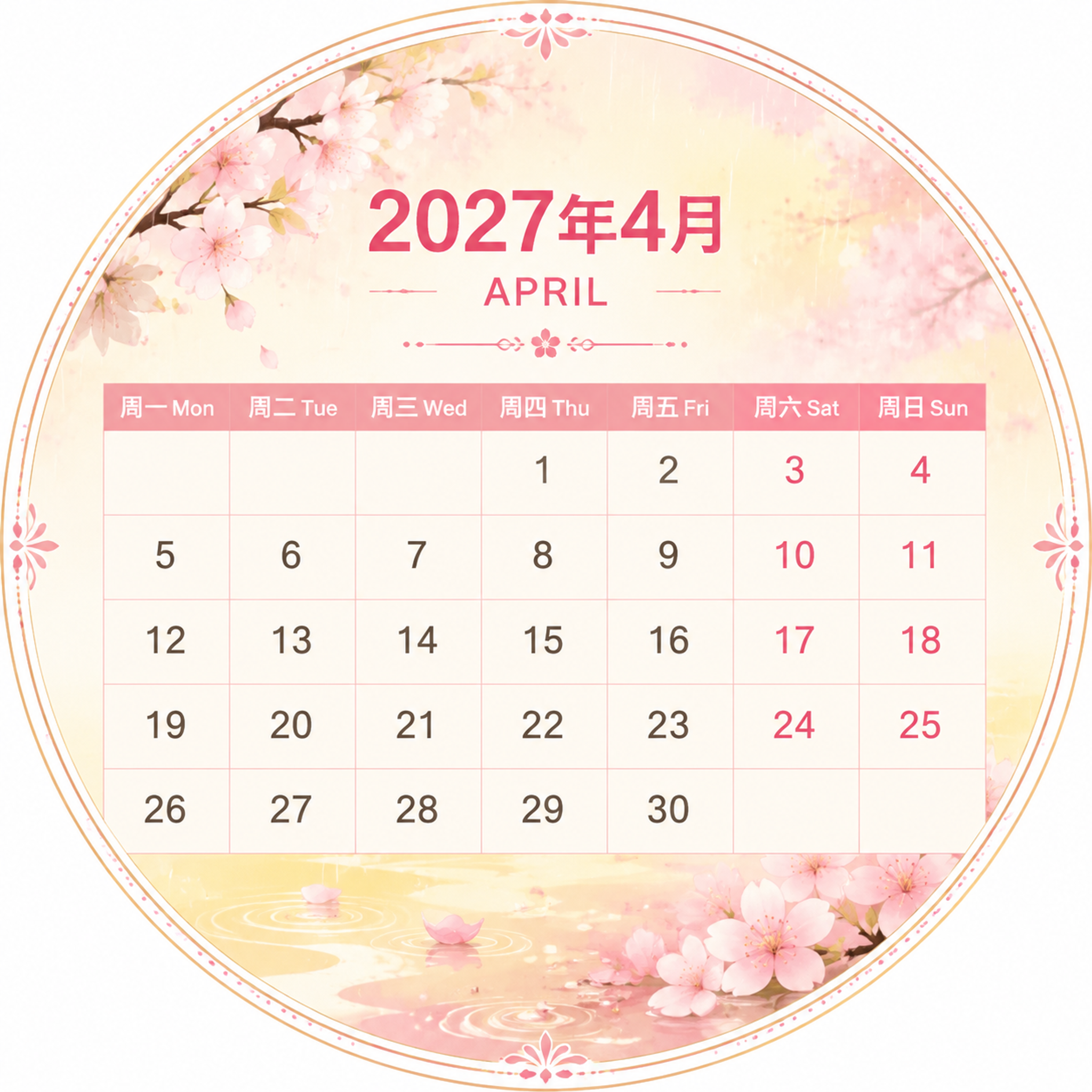 2027年4月圆形日历设计，正圆形构图。顶部显示"2027年4… - 图片创意预览