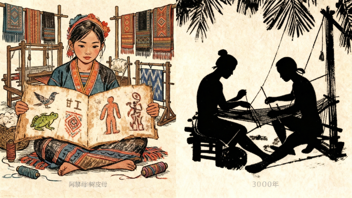 将左侧人物区域的背景替换为黎锦制作的传统纺织场，保留原有黎族少女、翻开的书本、文字纹样和人物坐姿造型不变，整体风格保持原有的复古版画质感，和右侧画面风格统一预览效果