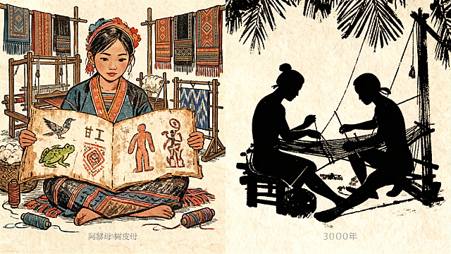将左侧人物区域的背景替换为黎锦制作的传统纺织场，保留原有黎族少女、翻开的书本、文字纹样和人物坐姿造型不变，整体风格保持原有的复古版画质感，和右侧画面风格统一
