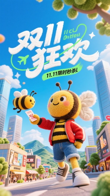 一幅有趣的3D插图，整体采用卡通+3D拟物风格，色彩饱和度高，突出视觉吸引力；主题文案白色字体“双11狂欢”，采用潮流派对风格艺术字体，模拟真手写笔触，字体笔画粗厚醒目，形态夸张变形，部分笔画带俏皮弧预览效果