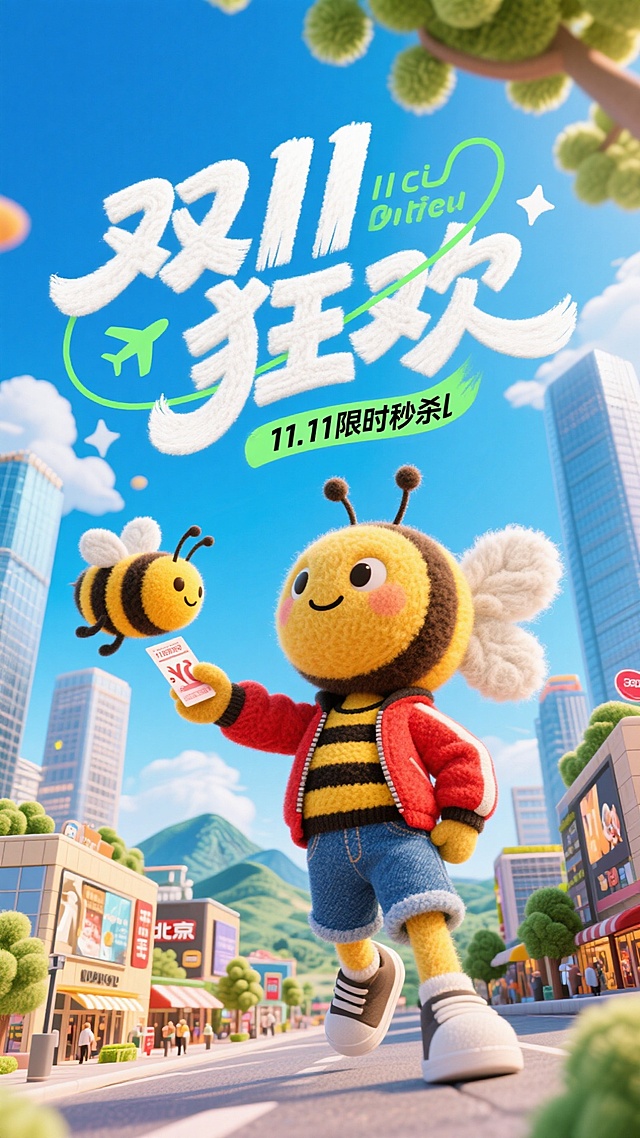一幅有趣的3D插图，整体采用卡通+3D拟物风格，色彩饱和度高，突出视觉吸引力；主题文案白色字体“双11狂欢”，采用潮流派对风格艺术字体，模拟真手写笔触，字体笔画粗厚醒目，形态夸张变形，部分笔画带俏皮弧度或独特弯折，营造活波、肆意、充满活力的派对氛围。加入绿色线条和飞机图标装饰。搭配英文字体“11.11限时秒杀l”进行排版；一个小蜜蜂，俯视鱼眼镜头，身穿黄黑条纹背心，红色夹克，蓝色牛仔短裤，一只手伸