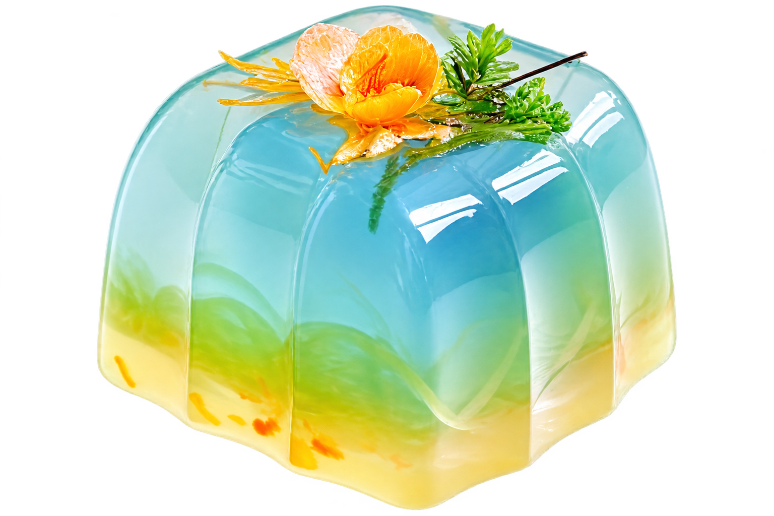 将图片中最下方的蓝绿色果冻（带橙色花朵装饰、放在白色盘子上的那… - 图片创意预览