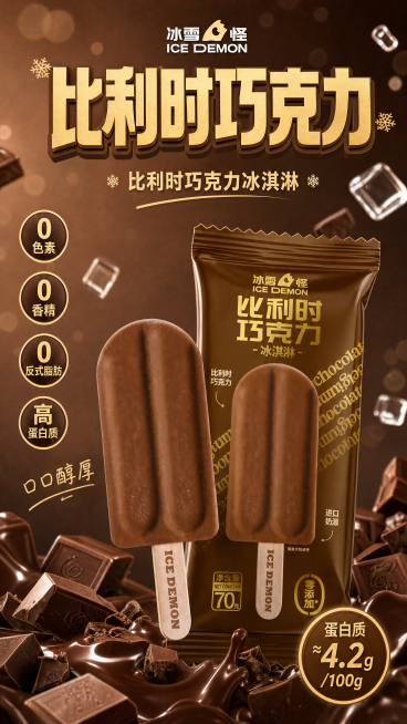 参考图为[图1]鲜乳提子海报版式结构，完全保留排版骨架，将所有鲜乳提子相关内容替换为比利时巧克力，整体风格色调更换为比利时巧克力棕色调，蛋白质参数修改为≈4.2g/100g，产品包装和冰淇淋主体使用用预览效果