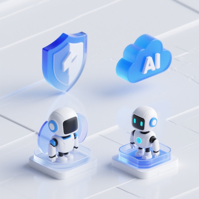 3D图标，一张版面上排布四个图标分别是：盾牌、机器人、AI、数据云，蓝白色，磨砂玻璃质感，透明效果，白色背景，透明科技感，简洁设计，等距视图，玻璃形态，Blender软件制作，Oc渲染器渲染，细节8k预览效果