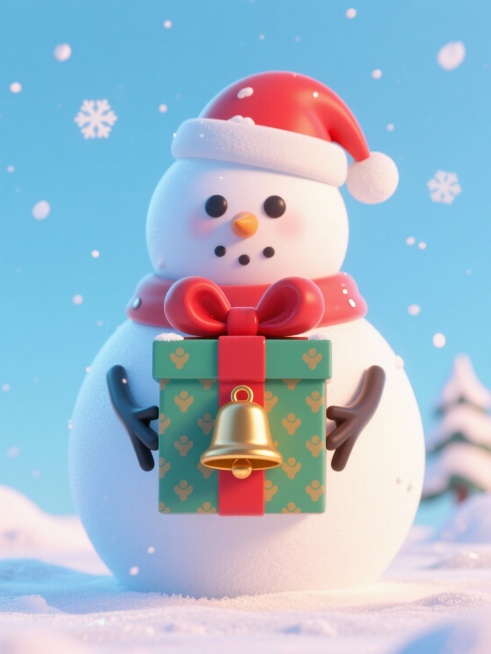 圆滚滚雪人带着圣诞帽手持系红色蝴蝶结的圣诞礼物盒，盒面印金色铃铛图案，中心对称构图，淡蓝色天空背景，飘落细小雪花装饰，光影柔和预览效果