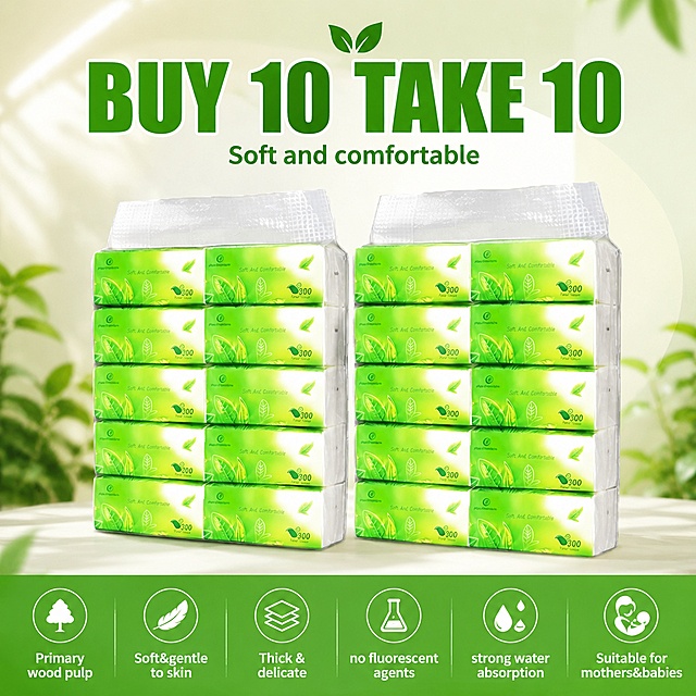 「图片1」生成电商主图（1张） ，商品标题是BUY 10 TAKE 10，补充文字是Soft and comfortable，卖点是Primary wood pulp，Soft&gentle to skin，Thick & delicate，no fluorescent agents，strong water absorption，Suitabtle for mothers&babies，放置完整清晰的产品实物图（数量一致），产品主体整体占画面约60%，适配 Shopee 平台，主图比例为 1:1