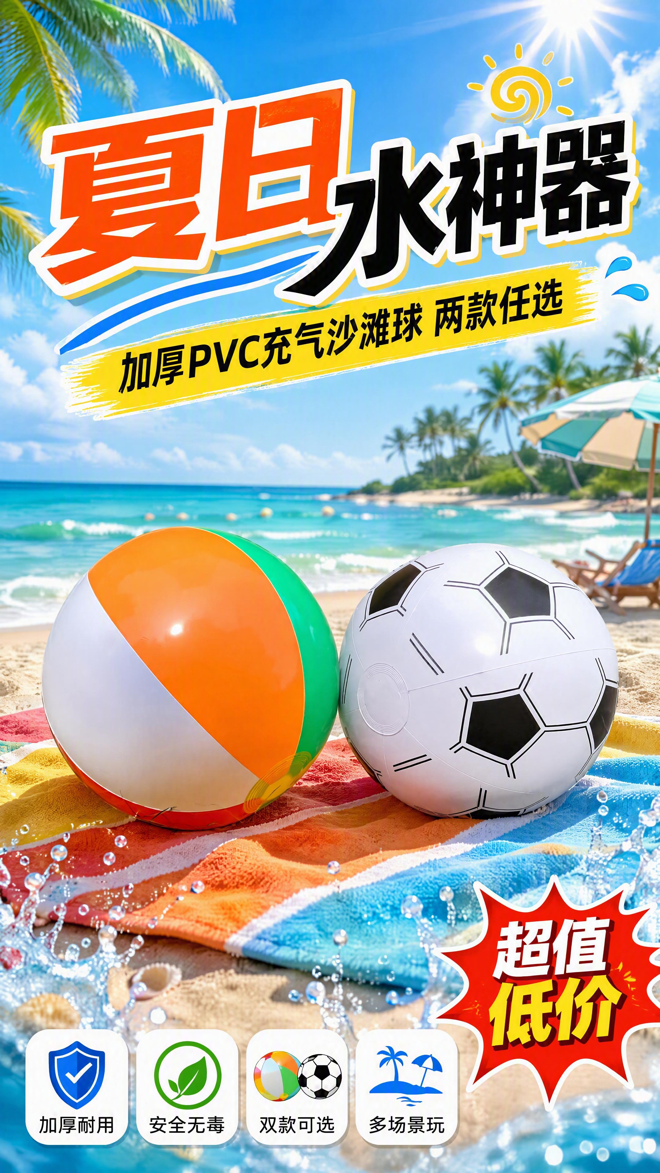 [第1张] 详情页头图-加厚PVC充气沙滩球双款式夏日主视觉海… - 图片创意预览