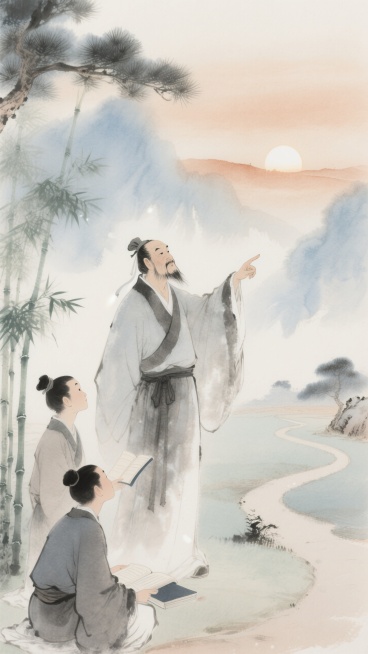 中式淡彩风格，水墨宣染，赭石、花青、杏色为主色调。一位着中式古典，样貌慈祥智慧的夫子，手指远方，对身边的书生谆谆教导；背景有的山水，朝阳，微微探出画面青松，竹子，一旁是弯弯小径，直通上天边。预览效果