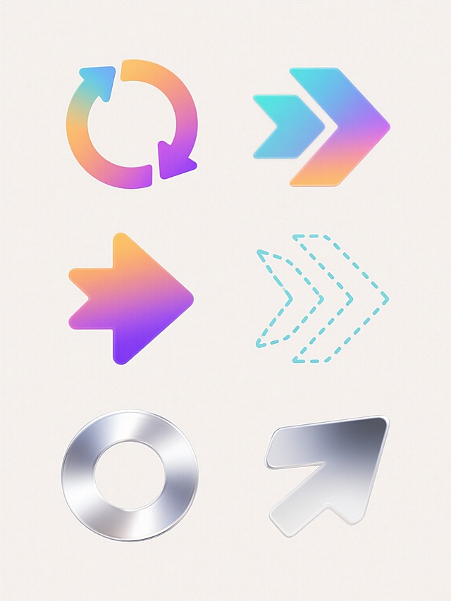 六个不同配色、不同样式、不同材质的「旋转箭头」素材，以左右两行对齐排列在浅色背景上，箭头设计包含环形循环箭头、多段式箭头、渐变箭头、虚线箭头等多种样式，材质呈现光滑金属质感、半透明渐变、磨砂质感等差异，配色丰富且对比鲜明，整体构图简洁整齐，视觉层次清晰，符合现代UI设计风格，适合作为功能图标或指示元素使用。