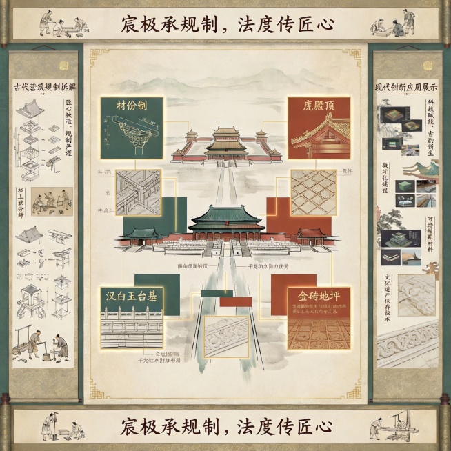 中式卷轴中央核心符号图腾结构图与细节图，以水墨线条结合石青、朱砂色块勾勒故宫中轴线建筑群为视觉中心，围绕呈现四大核心符号：材份制斗拱微观结构图，标注斗、拱、昂尺寸比例与咬合关系，搭配细节图放大斗拱构件预览效果