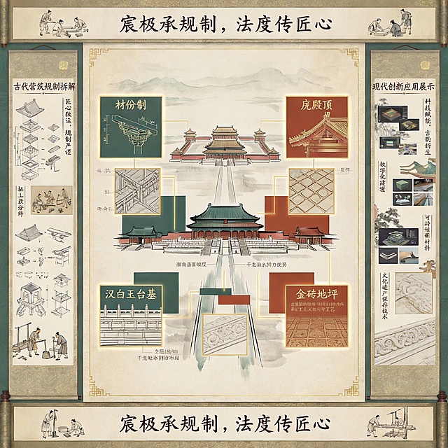 中式卷轴中央核心符号图腾结构图与细节图，以水墨线条结合石青、朱砂色块勾勒故宫中轴线建筑群为视觉中心，围绕呈现四大核心符号：材份制斗拱微观结构图，标注斗、拱、昂尺寸比例与咬合关系，搭配细节图放大斗拱构件纹理；庑殿顶多重檐整体结构图，标注檐角、屋面坡度与流体力学优势，搭配细节图放大瓦件排布；汉白玉台基剖面结构图，标注分层结构与千龙吐水排水布局，搭配细节图放大汉白玉雕刻；金砖地坪铺设结构图，标注铺设层次与工艺，搭配细节图放大金砖纹理，主色调为故宫石青色、朱砂色，点缀金黄色纹样，文字为深棕色书法字体