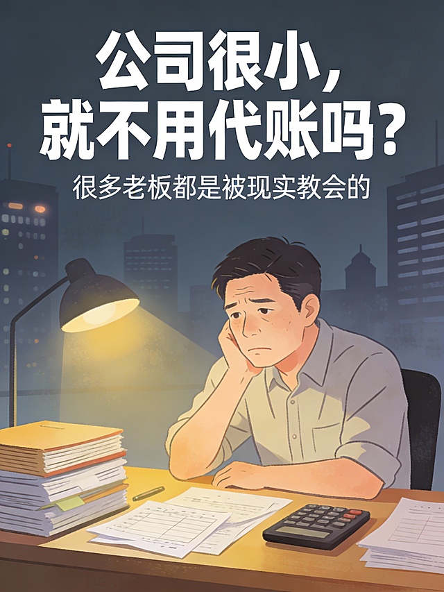 ✅ 封面 AI 提示词（稳妥通用版｜安全耐看）

写实风格插画，一位普通中国小微企业老板坐在昏黄灯光下的办公桌前，桌上堆着账本、发票和计算器，老板神情疲惫又犹豫，背景是模糊的城市夜景和写字楼剪影，整体色调偏灰蓝色，现实感强，构图简洁，画面留白适合放标题文字，情绪压抑但克制，真实商业氛围，无夸张表情，高质量，抖音文章封面风格

封面文案建议（大字）：
👉「公司很小，就不用代账吗？」

小字副标题：
很多老板都是被现实教会的