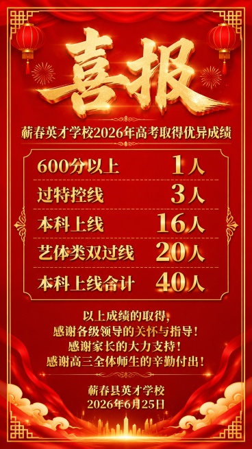 红色系喜庆喜报海报，整体大红色渐变搭配金色文字，传统喜庆风格，版式精美。文字内容完整保留：
顶部大字："喜报"
副标题："蕲春英才学校2026年高考取得优异成绩"
成绩列表：
"600分以上	1人
过预览效果