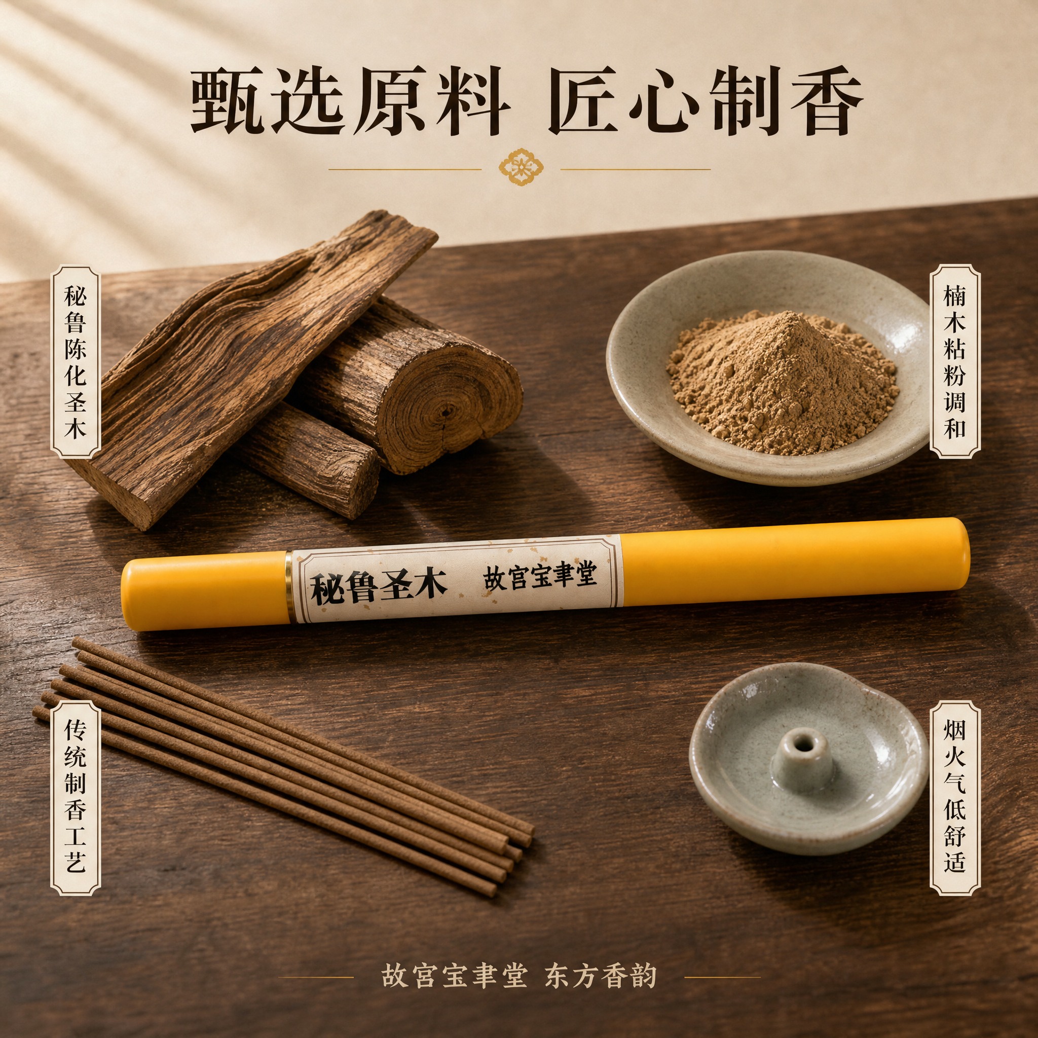 [主图-3] 原料与工艺品质展示图 秘鲁圣木线香制作原料呈现… - 图片创意预览