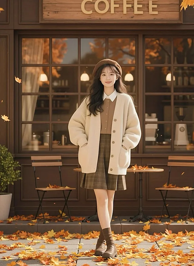 背景是街边复古咖啡店，秋天落叶，光影柔和