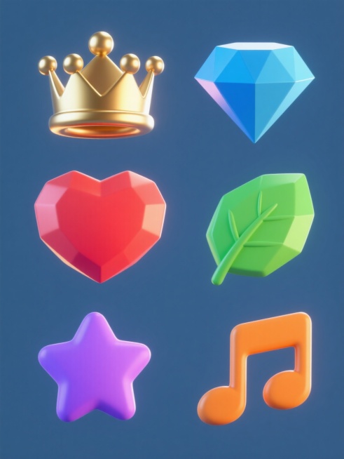6个不同元素的3D渲染图标系列，每个图标均采用低多边形圆润造型，高光金属质感，纯色背景，元素类目包括：金色皇冠、蓝色钻石、红色爱心、绿色树叶、紫色星星、橙色音符，整体色彩明快鲜艳，元素规整排布，保持一致的卡通风格和光影效果，视觉层级清晰，适合作为系列素材使用。预览效果