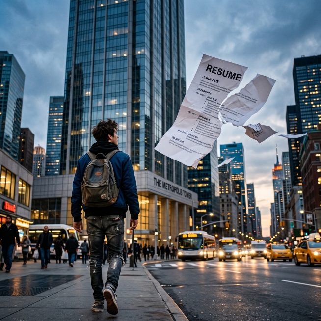 A torn resume flying in the air above a city street, person walking away from a skyscraper, rebellio预览效果