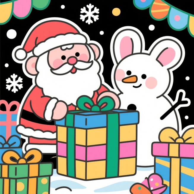 童趣卡通风圣诞礼盒，多彩撞色，Q版圣诞老人与雪人互动，立体耳朵设计，背景点缀雪花和礼物盒，画面充满活泼感预览效果