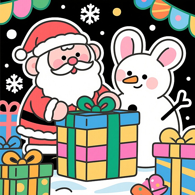 童趣卡通风圣诞礼盒，多彩撞色，Q版圣诞老人与雪人互动，立体耳朵设计，背景点缀雪花和礼物盒，画面充满活泼感