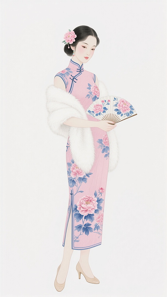 中国风插画风格，一位身着粉色牡丹与蓝色花卉图案旗袍的女子，发髻上插着粉色花朵发饰，手持一把带有粉色和蓝色花卉图案的折扇，肩上披着白色毛绒披肩，脚穿浅色高跟鞋，整体画面采用柔和的水彩质感，线条细腻流畅，色彩淡雅和谐，背景为纯白色，人物姿态优雅端庄，眼神温婉，展现出古典与现代结合的柔美气质。