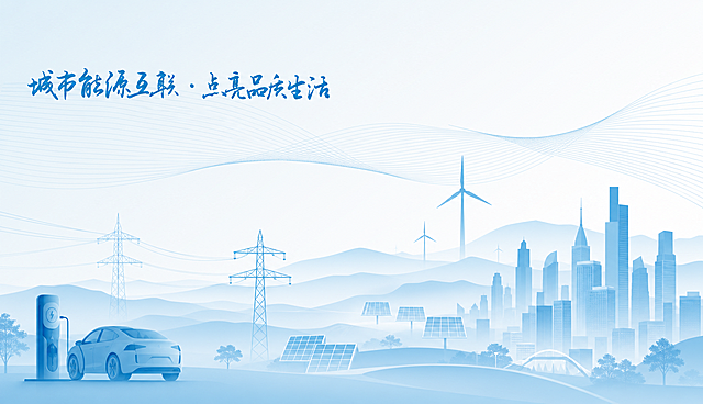 参考原图的浅蓝色渐变线条风格，保留新能源城市能源主题，包含输电塔、风力发电机、太阳能板、电动汽车充电桩和城市建筑元素，保留文字‘城市能源互联·点亮品质生活’，重新生成同风格的画面内容