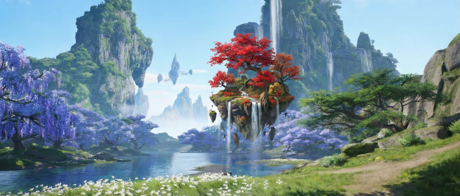在湖面中间增加一片带有红色树木的浮空山体，保留原风景，风格统一，画质高清预览效果