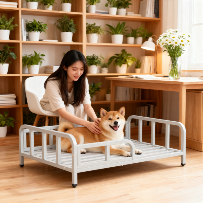 浅灰色金属铁艺狗床框架，保持物理结构绝对不变，去掉底部四个黑色轮子，保持底部支撑脚平整，严禁扭曲变形结构穿模。中景平视，主体放在书房浅色原木地板，清晰接触阴影。清新原木风书房，整墙原木书架搭配大量白色预览效果